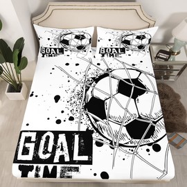 Erosebridal Kids Football Bed Sheets Full 4PCS, American Soccer Sheet Set Sports Games Fitted Sheet for Boys Girls Children Geometric Polygon Flat Sheet Bedroom Living Room Decor, Black White