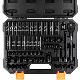 BOEN 3/8" Drive Impact Socket Set, 59-Piece Standard SAE (5/16 to 3/4 inch) and Metric (6-22mm), Include 9-Piece E-Torx Socket Set (E5-E16) 丨Ratchet Handle, Extension Bar, Universal Joint, Adapter
