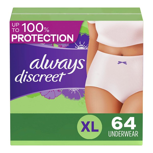 Always Discreet Adult Incontinence Underwear for Women and Postpartum Underwear, XL, 64 CT, up to 100% Bladder Leak Protection