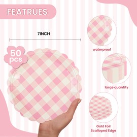EVYIENEN Pack of 50 Pink Gingham Paper Plates, 7 Inch Checked Paper Plates, Disposable Party Plates, Tableware for Cakes, Salad, Fruit, Disposable Decorative Dinner Dessert Serving Plates