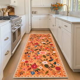 Hallway Runner 2X6, Washable Non-Slip Floral Vintage Kitchen Mat, Low Pile Area Rug for Floor, Non-Shedding Soft Touch Rug for Kitchen Bedroom, Yellow Orange