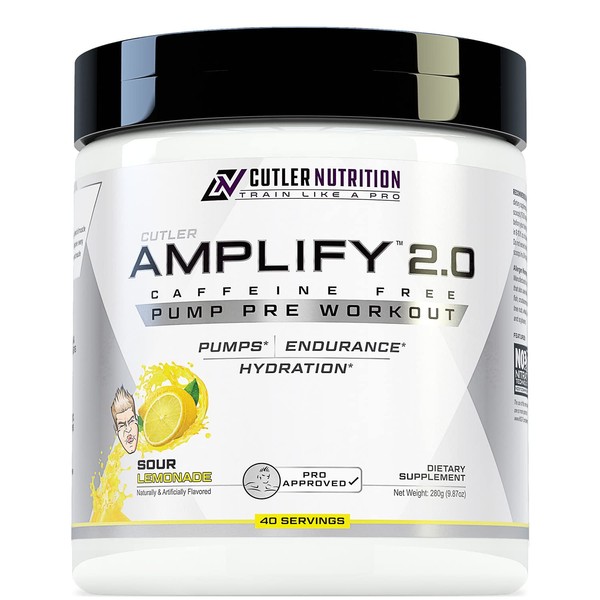 Cutler Nutrition Amplify 2.0 Caffeine Free Pre Workout for Men and Women Stimulant Free Muscle Pump Enhancer with Nitrates (Arginine Nitrate), Coconut Water, and L-Citrulline, Sour Lemonade Flavor