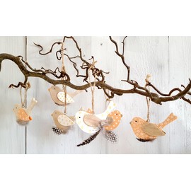 Set of 6 Pendants Birds with Feather Decorative Wooden Bird Wooden Pendant Decorative Birds (Birds Set of 6)