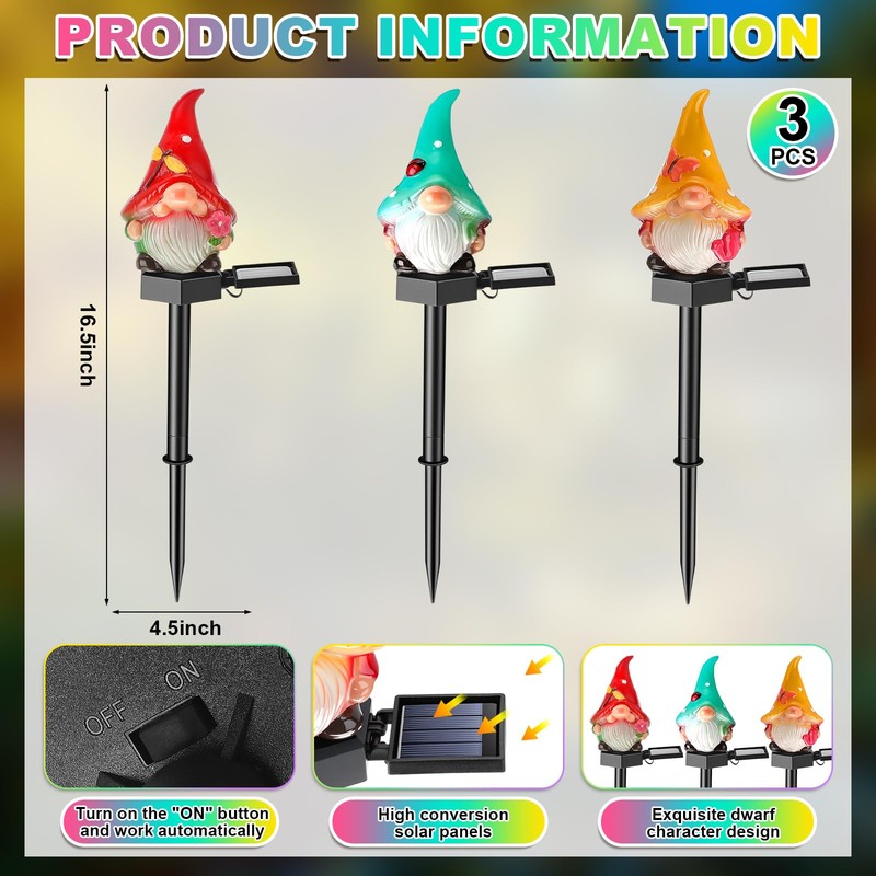 VIHOSE 3 Pack Solar Powered Gnome Garden Pathway Lights Powered