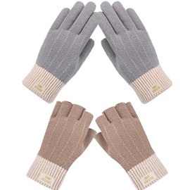 FOSDICK 2 Pairs Winter Gloves Winter Knitted Gloves Touchscreen Warm Gloves Winter Wool Gloves Unisex Gloves Fingerless Finger Thermal Gloves for Men and Women (Grey, Khaki), 2 pieces.