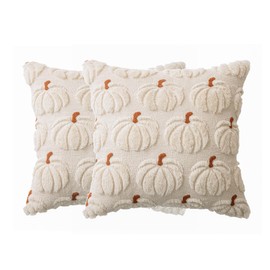 Fall Pillow Covers 18x18 inch Set of 2 Autumn Decorations Beige Pumpkin Accent Embroidred Pillowcase for Outdoor Porch Sofa Couch Bed Living Room Plush Faux Fur Halloween Home Decor