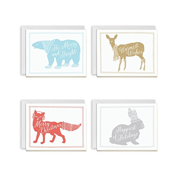 Animal Calligraphy Holiday Christmas Card Assortment - Pack of 20 - 4.25" x 5.5"