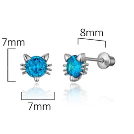 925 Sterling Silver Rhodium Plated Baby Blue Cat Cubic Zirconia Screwback Baby Girls Earrings