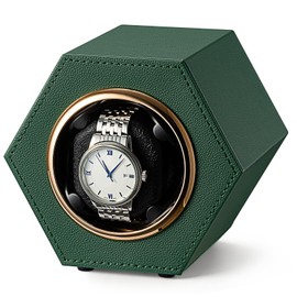 EREBUSE Single Watch Winder for Automatic Watches Ultra-Quiet Japanese Motor, 2 Rotation Modes, with Soft Adjustable Pillow, Rotation Watch Case in Green Leather
