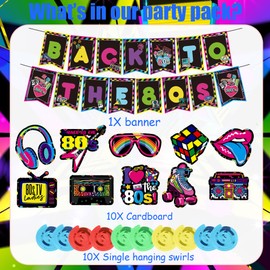 Pecration Disco 80s Party Decorations - Retro Hanging Swirls Decor and Back To The 80s Banner Hippie Rock Music Themed Decorations for 1980s Birthday Party Supplies