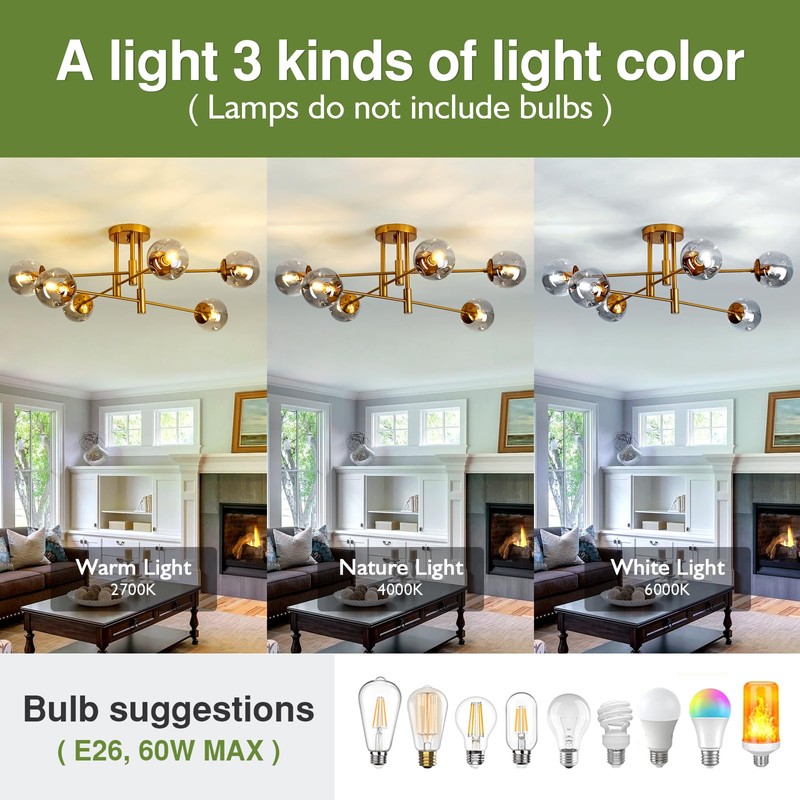 SZXYKEJI 6-Lights Glass Globe Chandelier Modern Flush Mount Ceiling Light