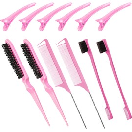 Juego de 12 peines para peinar el cabello, cepillo de nailon para el cabello, peine de cola de rata, con clips de pico de pato, cepillo de borde de doble cara para cepillado de bordes y espalda, peinar, alisar el cabello para mujeres y niñas (rosa)