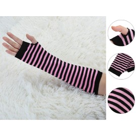 sourcing map Women Winter Stripes Fingerless Thumbhole Elastic Long Knitted Gloves Black With Pink One Size