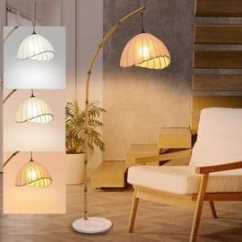 38°GARDEN Bamboo Rattan Floor Lamp Boho Retro Floor Lamps Linen Shade 3 Color Temperatures LED Bulb Included Tall Standing Pole Light with Foot Switch Arc Floor Lamps for Living Room Bedroom Reading