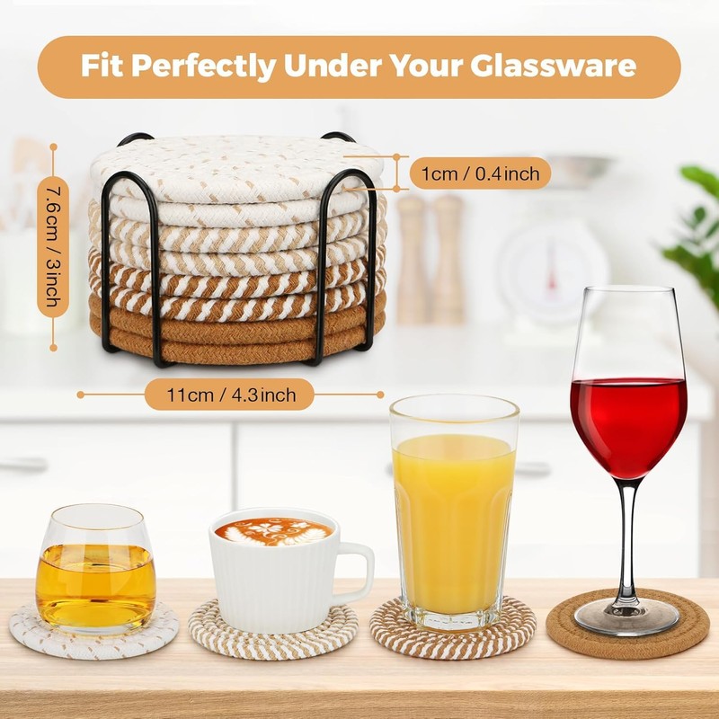 Pijiuoi Drink Coaster, 8 Pack, Multi-Color, Cotton, Linen, Round, Home