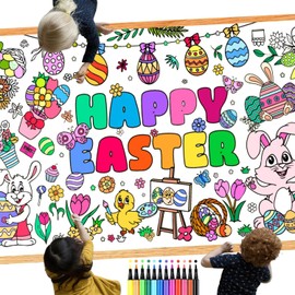Easter Tablecloth for Colouring, 76 x 183 cm Colouring Tablecloth Easter and 12 Pieces Colouring Pens, Tablecloth Easter, Easter Gifts, Easter Craft Decoration for Girls Children Boys