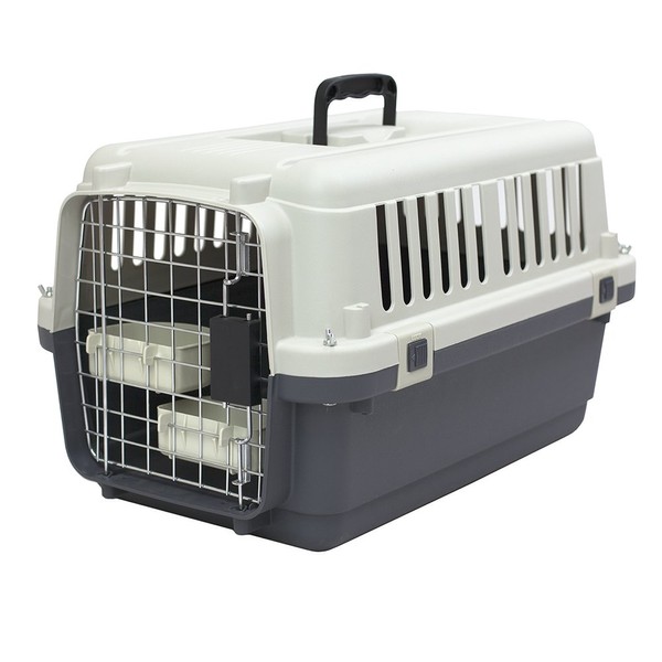 SportPet Designs Plastic Kennels Rolling Plastic Wire Door Travel Dog Crate - Small - No Wheel, Tan