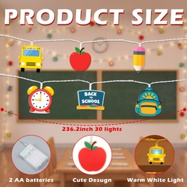 Croknit Back to School String Lights for Classroom Decor 19ft LED 3D Acrylic Apple Bus Pencil Backpack Clock Hanging Lights for Classroom Fairy Glow Bedroom First Day of School Indoor Decor