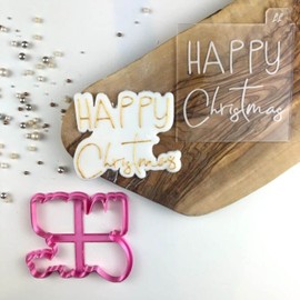 LissieLou Happy Christmas Cookie Cutter and Embosser Christmas Icing Stamp Fondant Embosser - Light Pink/Clear