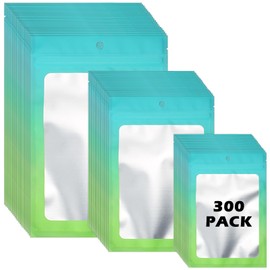300 Pcs Gradient Mylar Bags, 3 Size Smell Proof Bags with Clear Window Foil Pouch Bags Resealable Bags for Small Business and Food Storage, Blue Green