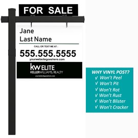 kdgarden Vinyl PVC Real Estate Sign Post 6' Tall (4"x 4"x 72"), Realtor Yard Sign Post with Flat Cap for Open House and Home for Sale, 47" Arm Holds Up to 36" Sign, Black (No Sign)