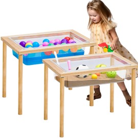 Uiifan 2 Sets Sensory Table Wood Sand Table Water Table Interactive Kids Activity Table Kids Art Table Gift for Kids Toddlers Special Classroom Preschool Play Learn Water Sand, 23.9 x 15.9 x 20 Inch