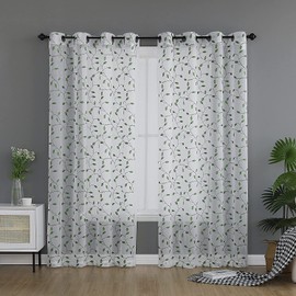 Canadian Linen Luxury Voile Sheer Curtains, W52 x L84, 2 Panels Light Filtering Machine Washable Sheer Window Drapes, Grommet Curtains for Home Living Room, Bedroom, Decorative Green Leaves Design