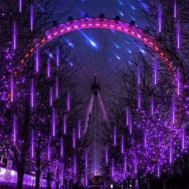 Rain Drop Lights, Aukora LED Meteor Shower Lights 11.8 inch 8 Tubes 144leds, Icicle Snow Falling Lights for Xmas Wedding Party Holiday Garden Tree Christmas Thanksgiving Decoration Outdoor (Purple)