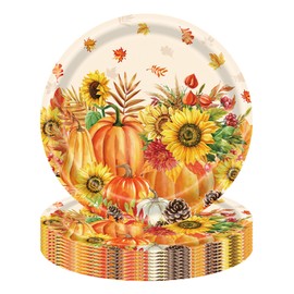 24 Pcs Happy Thanksgiving Paper Plates Fall Pumpkin Maple Leaves Pattern 9 Inches Disposable Paper Plates for Autumn Thanksgiving Day Theme Dinner Wedding Birthday Party Supplies