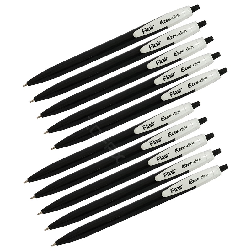 FLAIR 10 x 0.7mm Ezee Click BLACK Ballpoint Retractable Pens