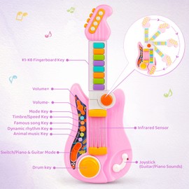 Kids Guitar 2 in 1 Music Toys Piano for Kids Electric Guitar with Strap Toddler Guitar Musical Instruments Toys for 3 4 5 Year Old Girls Gifts (Pink)