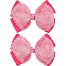 KISZU 4.5 Inch Flower Hair Bow Clips, Organza Bows with Pearls Big Hair Accessories for Baby Girls Kids Children Teens and Women (Deep Pink)