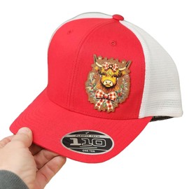 Red and White Trucker Hat, Highland Cow Hat, Flexfit Mesh Cap, Kids and Adults, Christmas