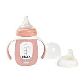 BEABA 2 en 1 Biberón de Vidrio a Vaso de Entrenamiento de Vidrio, Vaso de Aprendizaje, Biberón con Tetina de Silicona Suave y Pico para Sorber, Bebé, Niño Pequeño 7 oz (Rosa)