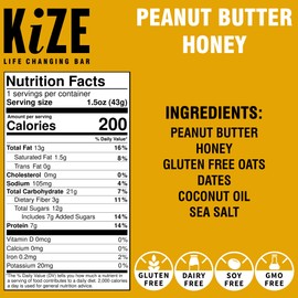 KiZE Energy Bars - Peanut Butter Honey - Gluten Free, Dairy Free, Non-GMO, and High Protein Meal Replacement Energy Bars, Clean and Simple Food Ingredients - 7g High Protein Snacks, (10 Count)