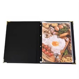 fieldlabo A4 Size PU Leather Menu Book, 7 Pages, 14 Sides for Restaurants, Menu Tables, Hotel, Restaurant, Cafe, Bar with Corner Hardware Black