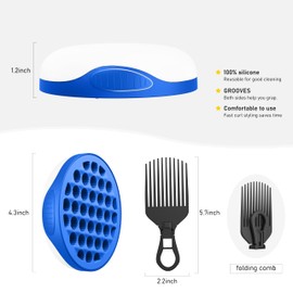 Silicone Curling Brush with Pick Comb and Spiralized Cavities - Two-Sided Hair Tool for Afro Curls, Small Holes Curler for All Genders, Blue, 1 Piece