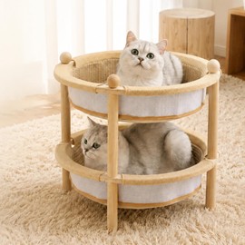 MUZIBAMA 2-Tier Elevated Cat Hammock Bed, 2-in-1 Natural Sisal Jute Cat Scratching Pad with Sturdy Frame, Cat Lounger,for Sleep & Scratch