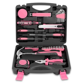 Auto Dynasty Tool Kit for Home 46-Pieces, Basic Household Hand Tool Sets with Screwdrivers Combination Tools, All in One Plastic Toolbox Storage Case for College Dorm, Office, Auto Repair (Pink)
