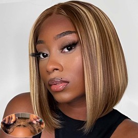 Smilegirl Highlight Wear and Go Glueless Bob Wig Human Hair Pre Plucked Pre Cut Ombre P4/27 Honey Blonde 5x5 HD Lace Closure Wig Colored Straight Bob Human Hair Wig for Black Women 12IN