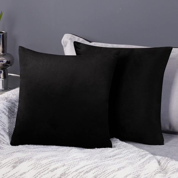 Deconovo Set of 2 Cushion Protectors Crushed Velvet Cushion Covers 45cm x 45cm 18x18 Inches Throw Pillow Cases for Boys with Invisible Zipper Black