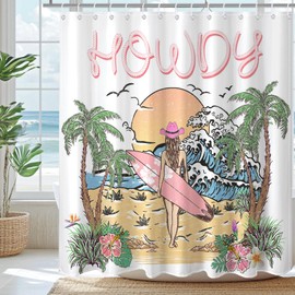 Lindameler Tropical Hawaiian Shower Curtain Summer Ocean Beach Shower Curtain with 12 Hooks Palm Trees Seagull Setting Sun Summer Bathroom Decor Bath Curtain Waterproof Fabric, 72 X 72 Inch