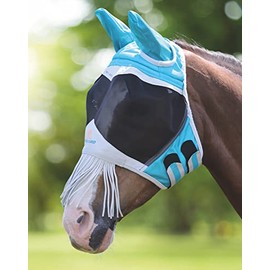Shires Fine Mesh Horse Equine Fly Mask with Ears & Nose Fringe UV Protection (Extra Full, Teal