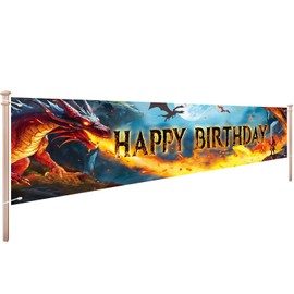 Dragon Birthday Banner 7.8 x 1.9 ft, Fire-breathing Dragon Knight Decoration, Fantasy Dragon Role-Playing Theme Bday Photography Background, DnD Theme Birthday Photo Booth Props for TRPG Player
