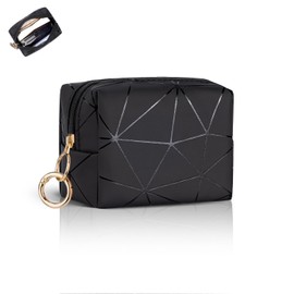 Playexen Mini Makeup Bag, Small Cosmetic Bag for Purse with Ring Buckle, Portable Travel Makeup Pouch for Girls Women Daily Use (Black)