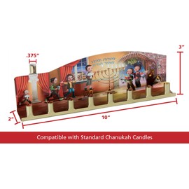 Ner Mitzvah Tin Candle Menorah - Fits All Standard Chanukah Candles - Colorful Painted Hannuka Children's Scene