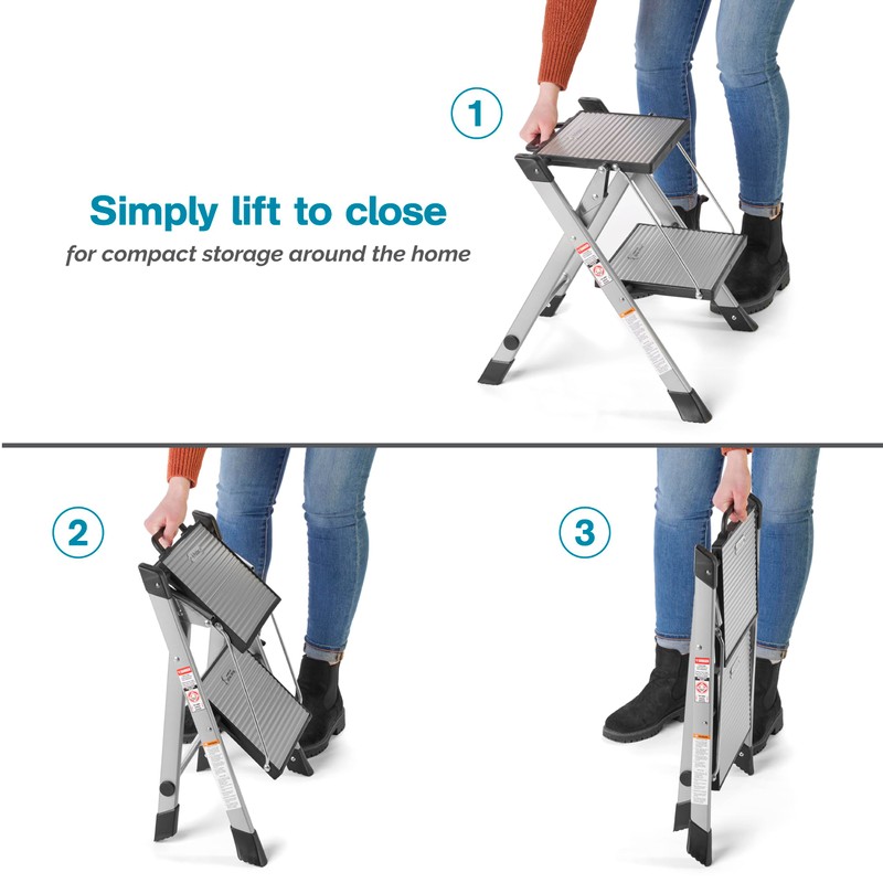 Polder Easy-Close Aluminium 2-Step Stool, Ladder with Non-Skid Feet, Folding