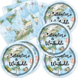 40pcs Adventure World Awaits Map Party Supplies,The Adventure Begin Party Decoration Supplies,Used for Adventure Party Decoration,Disposable Tableware for 20 People,Include 20 dinner plates,20 Napkin