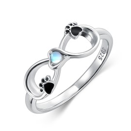 KZX Cat Dog Paw Print Ring 925 Sterling Silver Infinity Paw Ring Moonstone Pet Ring for Women Mom Mother Sister Pet Owners (size 7)