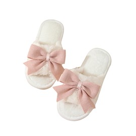 Verdusa Women's Cute Bow Fuzzy Open Toe Indoor Home Slippers Furry Outdoor Slippers White Pink 8.5